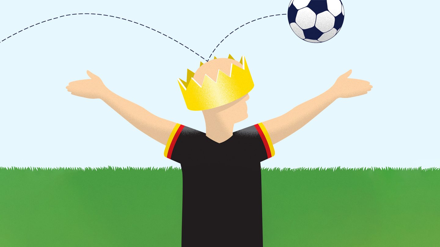 Illustration eines Fußballspielers, der eine weit heruntergerutschte Krone trägt. Ein Fußball trifft ihn am Kopf und prallt ab.