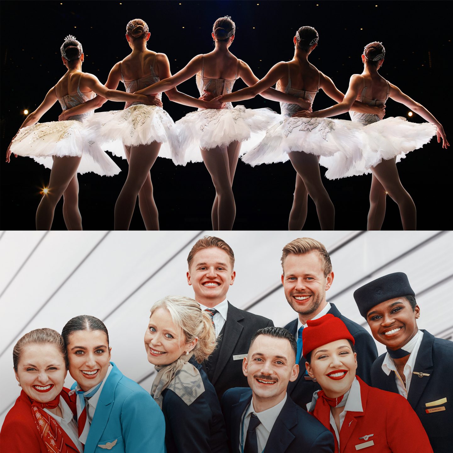 Five ballet dancers in white tutus perform onstage above a group of smiling airline employees in uniform.
