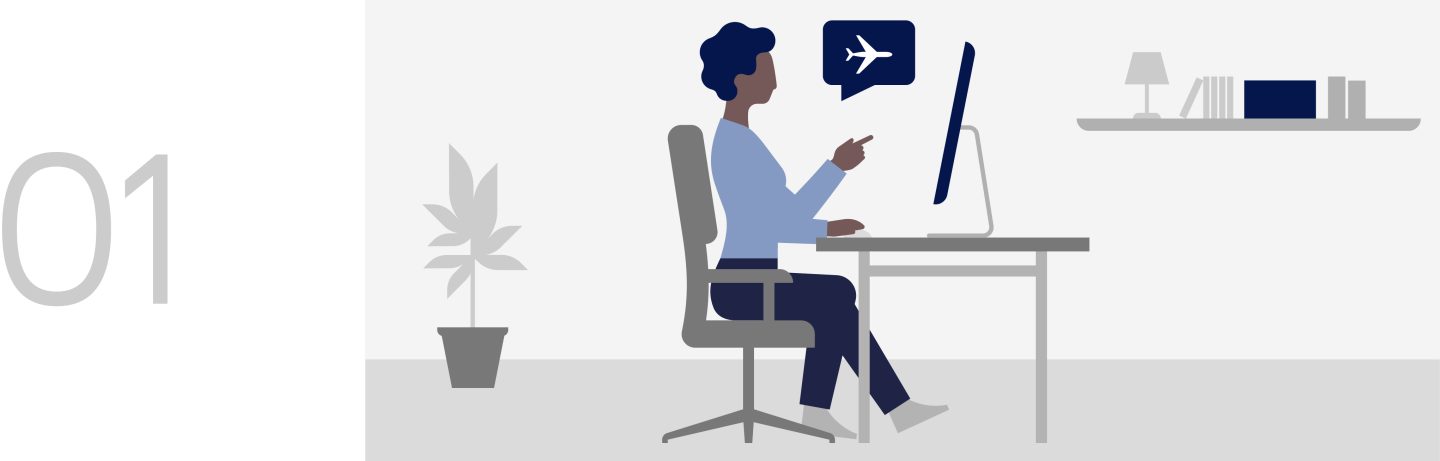 Illustration einer Frau bei den Reisevorbereitungen zu Hause am PC