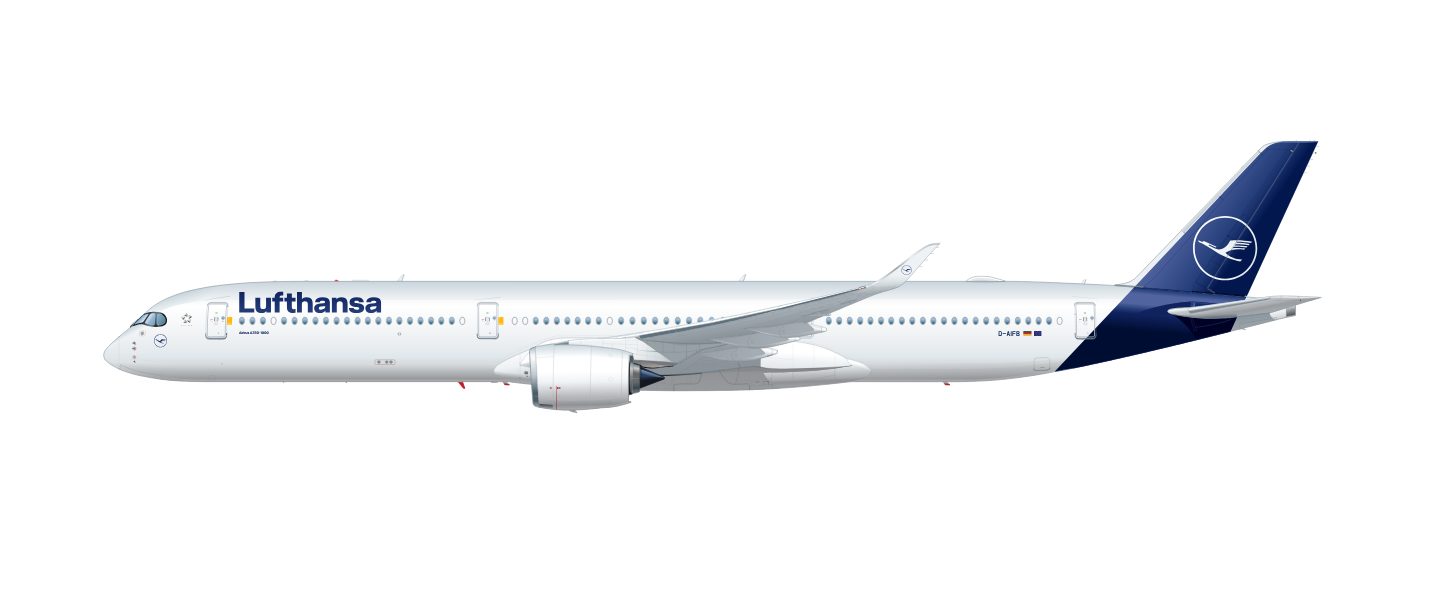 Lufthansa wide-body aircraft, white with blue tail and crane logo, side view.