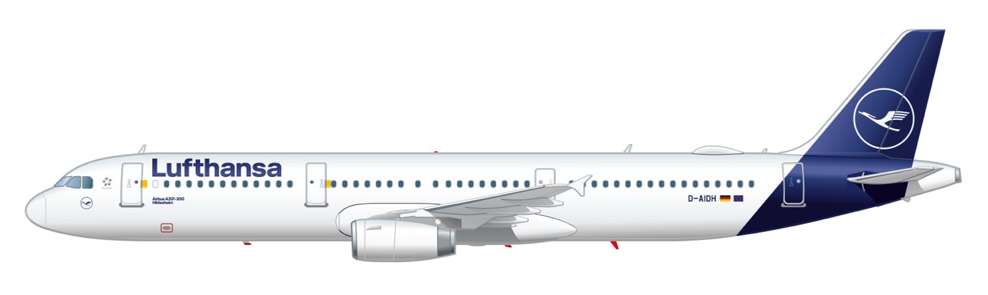 Vue latérale d’un Airbus A321-200 de Lufthansa (D-AIDH) à la livrée blanc et bleu.