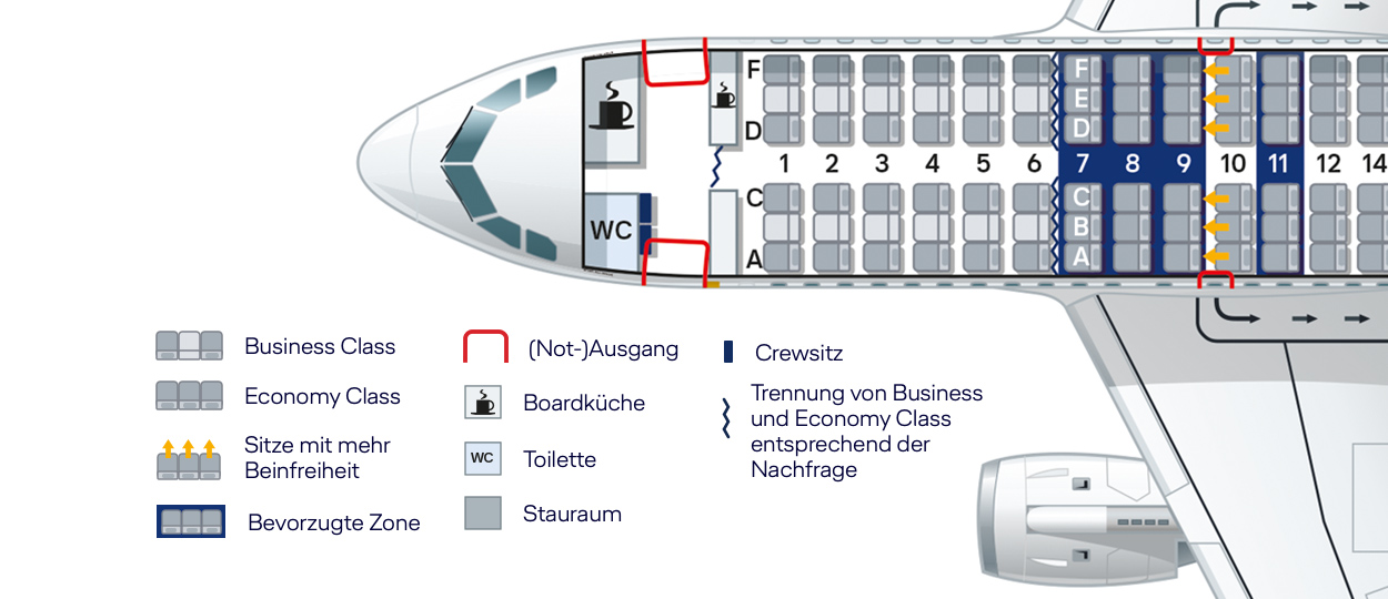 Disposition de la cabine de l’avion : sièges Business, Economy, préférentiels et avec plus d’espace pour les jambes (Legroom Seat), issues de secours et équipements.