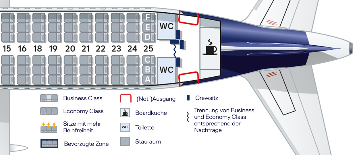 Plan de cabine de l’avion : partie arrière avec sièges Economy, toilettes et office.
