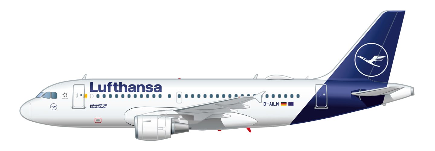 Vue de profil d’un Airbus A321neo blanc de Lufthansa, avec une queue bleue arborant le logo de la grue.