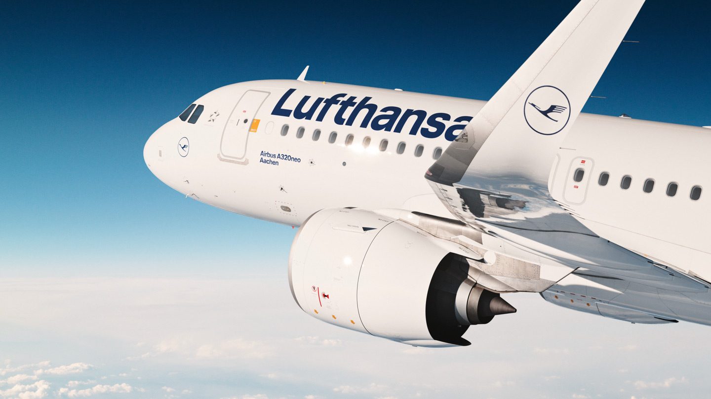 Lufthansa Airbus A320neo soaring above clouds in a bright blue sky.