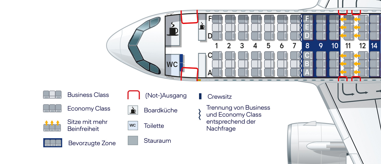 Detailed airplane seat map with Business, Economy, legroom seats, exits & amenities.