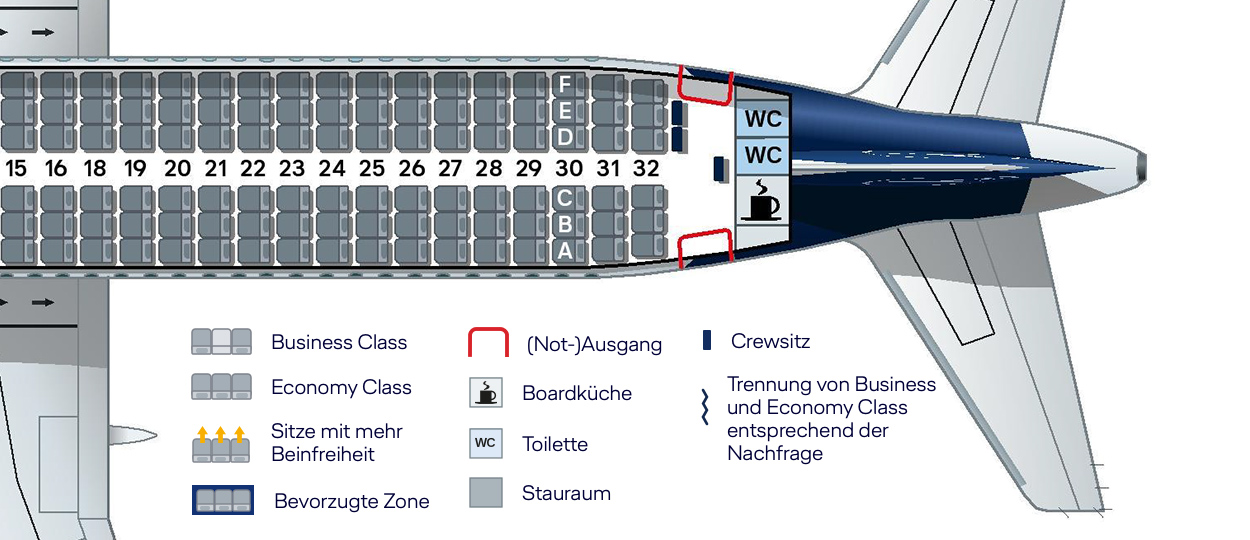 Aircraft seating plan: economy cabin layout, rear lavatories & galley.