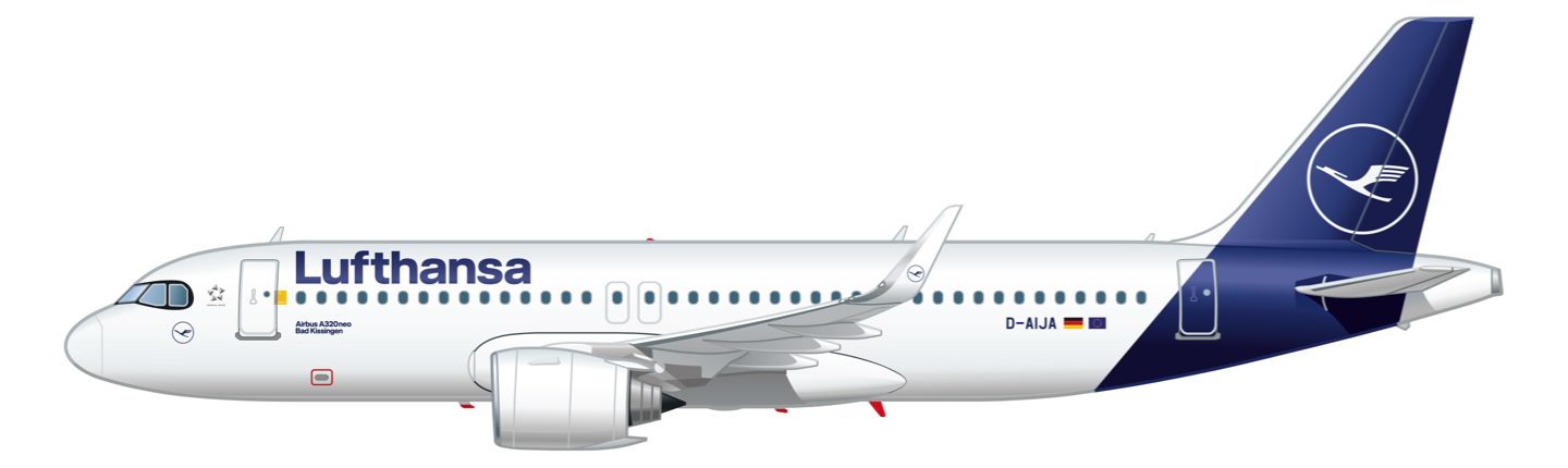 Side view of Lufthansa's white and blue Airbus A320neo aircraft.