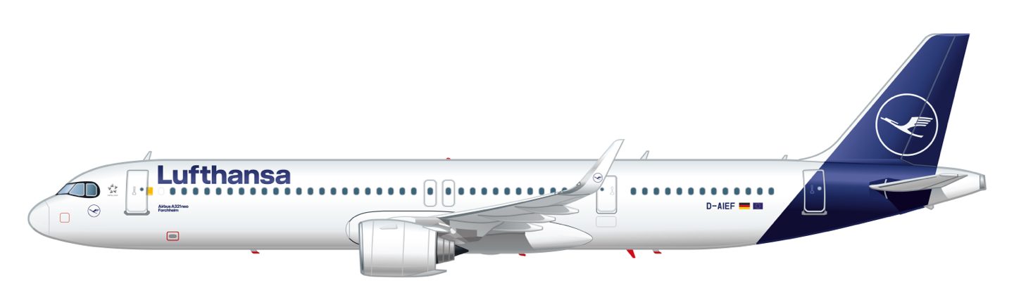 Side view of a white Lufthansa Airbus A321neo with a blue tail fin and crane logo.