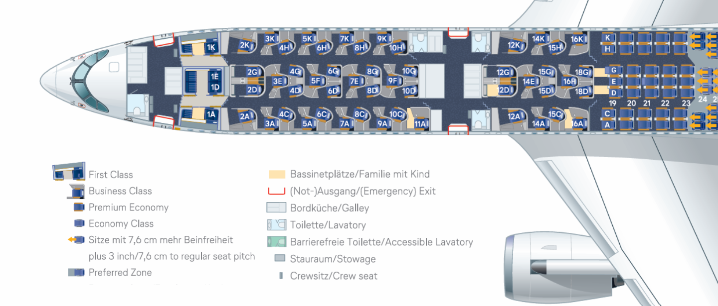 Seating plan of the aircraft cabin with layout, different seating classes and onboard facilities.