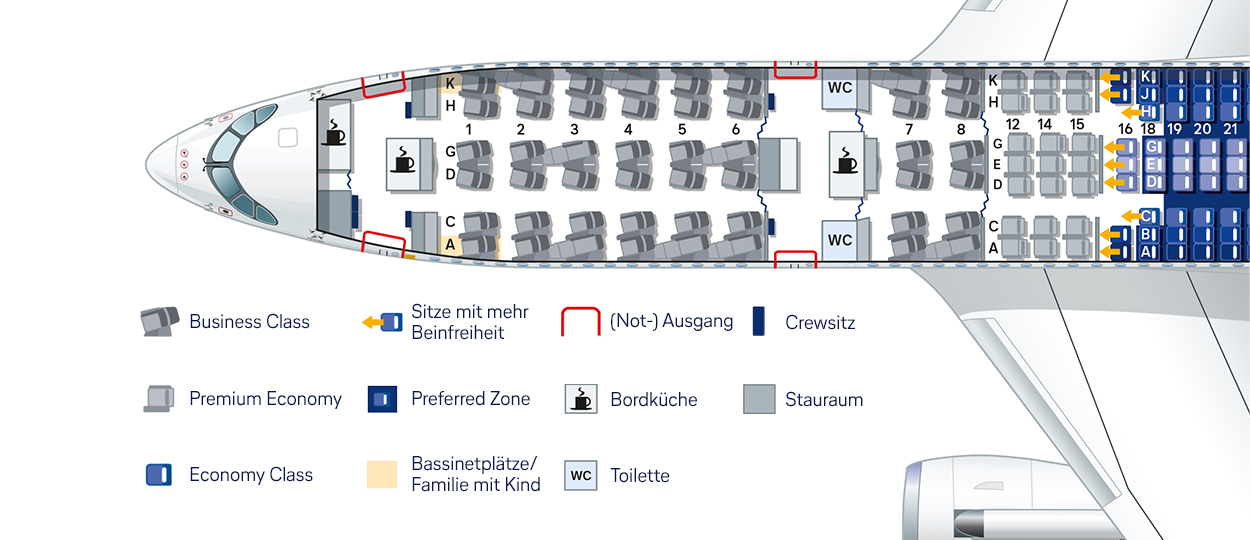 Airline cabin map with Business, Premium Economy, and Economy Class seating layout.