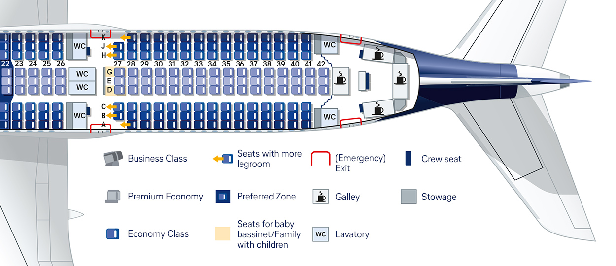 Airline seat map: Business, Premium Economy, Economy classes, plus amenities and exits.