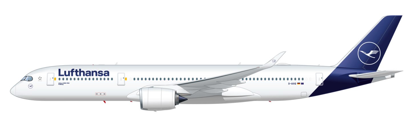 Side view of a Lufthansa Airbus A350-900 aircraft.
