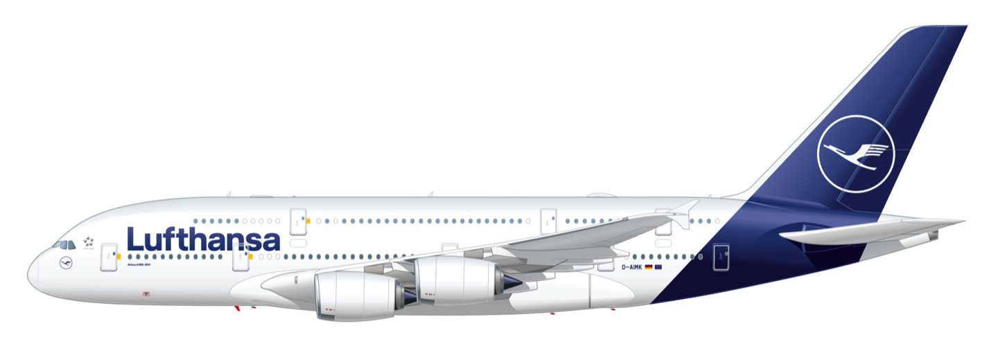 Lufthansa A380 arborant une livrée blanche et bleue avec le logo de la grue, vue de profil.