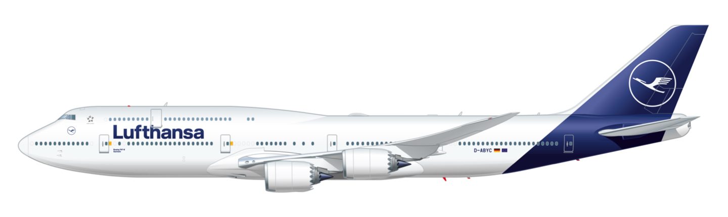 Lufthansa Boeing 747-8 aircraft, white with blue tail and crane logo, side view.