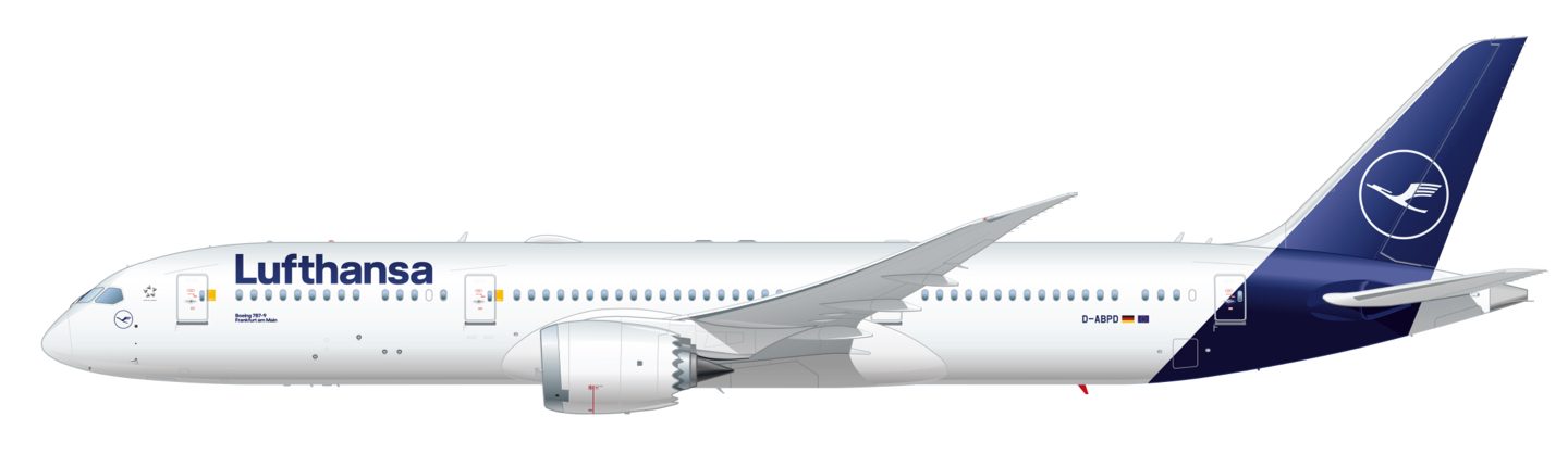 Illustration of a Lufthansa Boeing 787-9 aircraft side view.