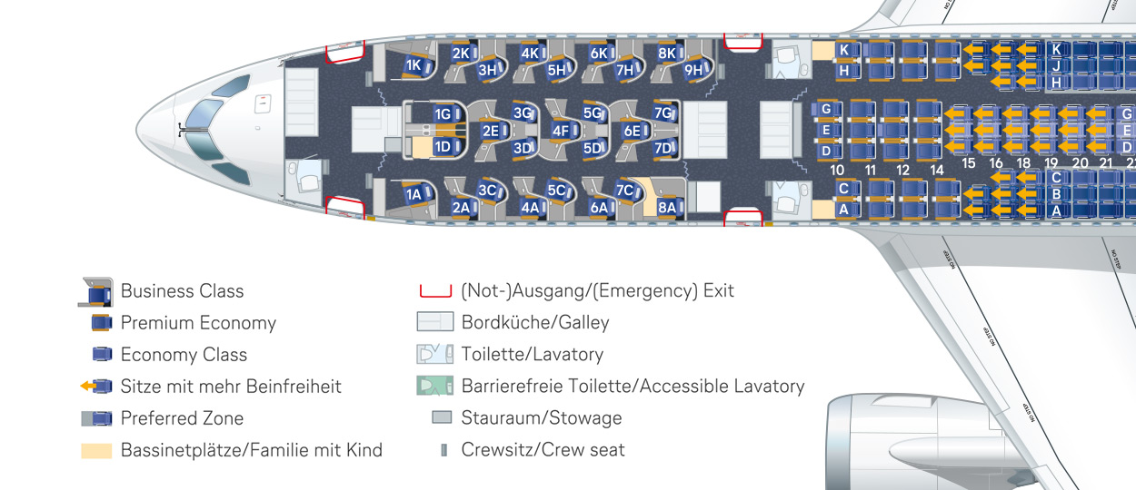 Seat map diagram of a Boeing 787-9 showing Business, Premium Economy, and Economy Class seat layouts.