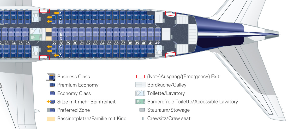 Detailed seat map diagram of the rear cabin of a Boeing 787-9 showing rows 22 to 42, seat legend, emergency exits, and lavatories.