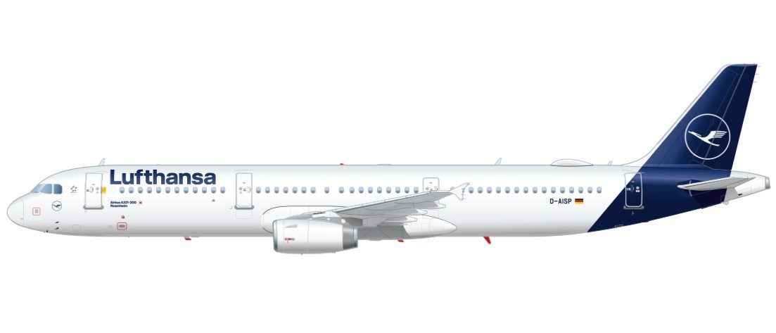 Vista lateral de un Airbus A321-200 de Lufthansa, blanco con cola azul oscuro y el logotipo de la grulla.