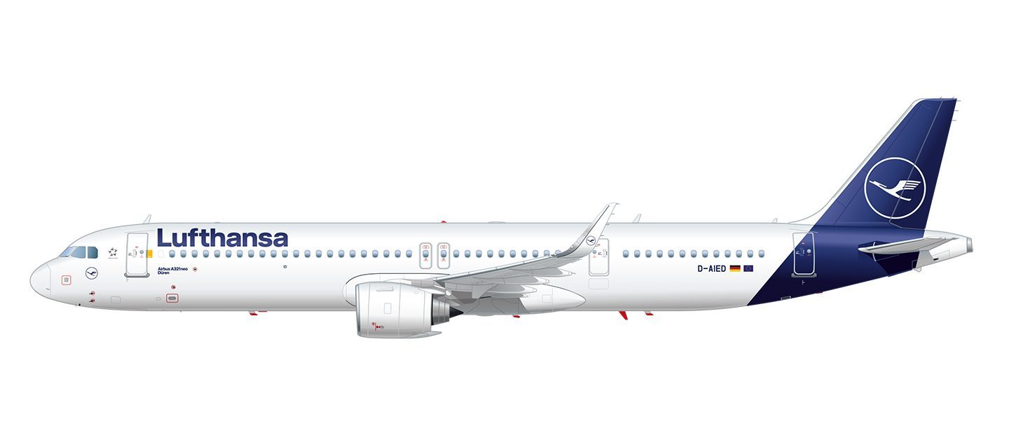 Avión Airbus A320neo de Lufthansa D-AIED, cuerpo blanco con cola azul y logotipo.