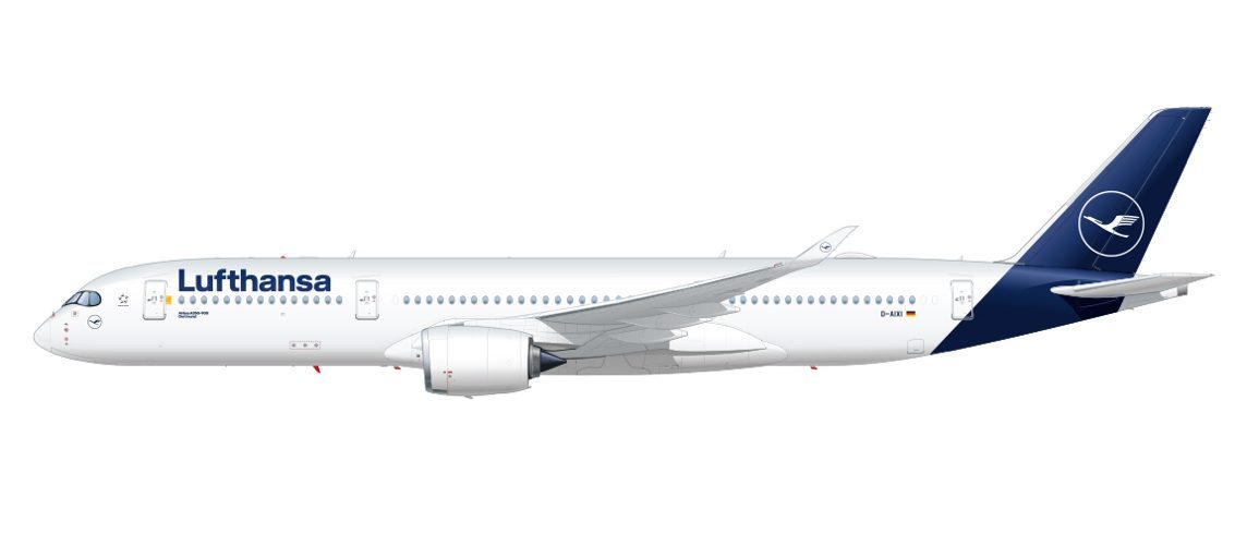 Avión de fuselaje ancho de Lufthansa, blanco con cola azul y el logotipo de la grulla, vista lateral.