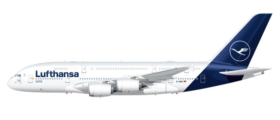 Avión Airbus A380 de Lufthansa. Fuselaje blanco y cola azul con el logotipo de la grulla.