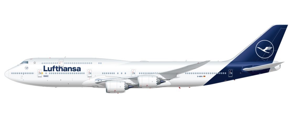 Boeing 747-8 de fuselaje ancho para vuelos de larga distancia con la librea de Lufthansa.