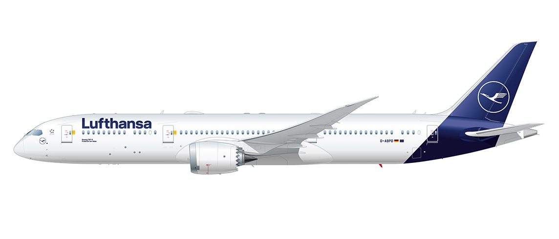 Avión de pasajeros de larga distancia Boeing 787 Dreamliner con la librea de Lufthansa.