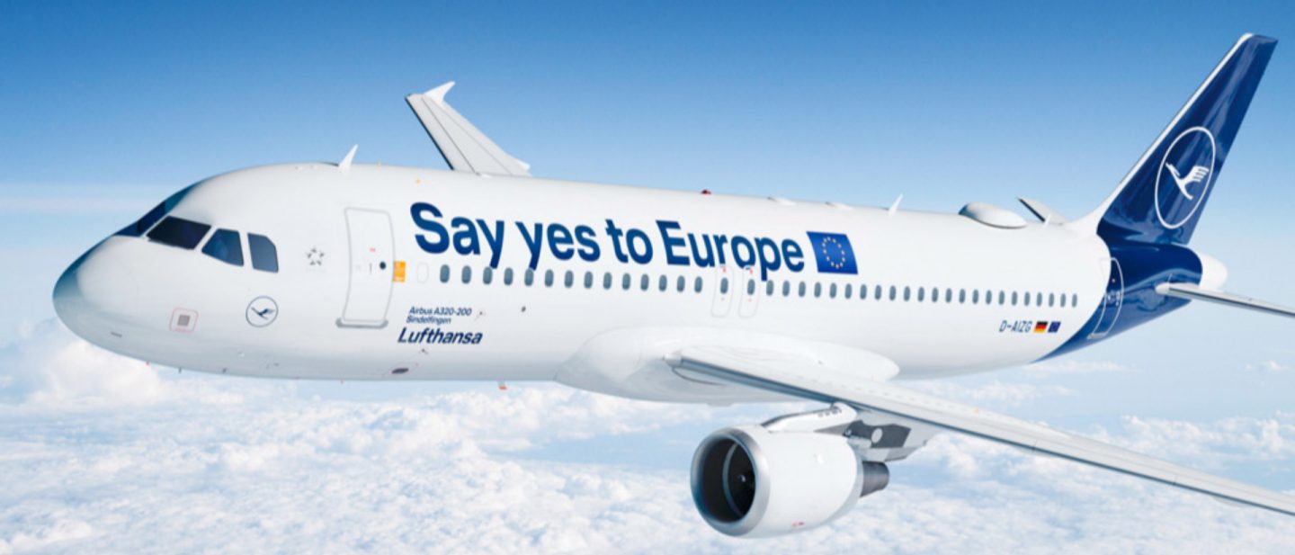 Lufthansa A320 with 'Say yes to Europe' flying high above the clouds.