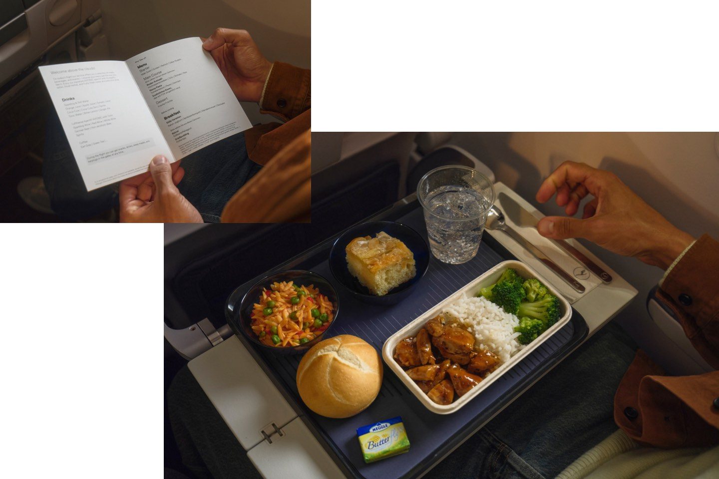 Ein klassisches 3-Gänge-Menü der Economy Class auf Langstreckenflügen, serviert auf einem Tablett.