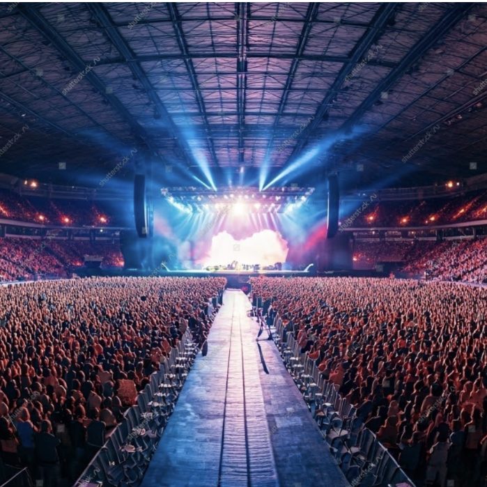 Arena concert with a large crowd facing a brightly lit stage.