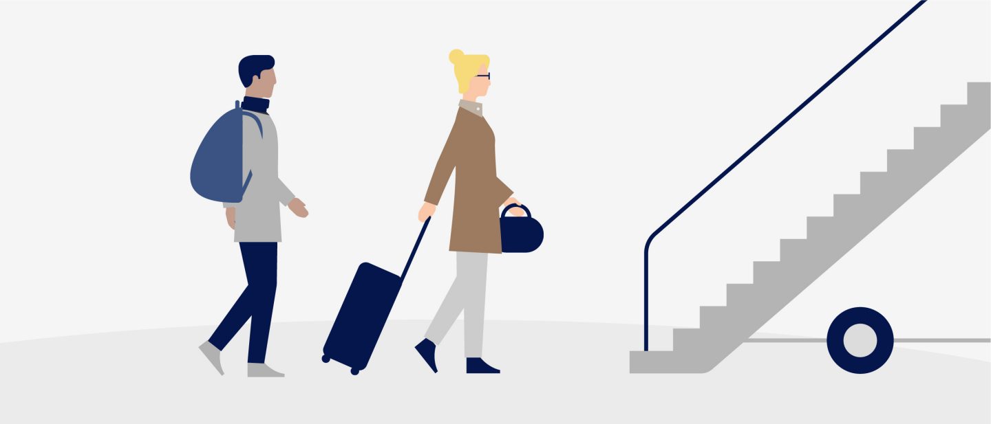 Illustration zeigt zwei Personen mit HandgepÃ¤ck vor dem Flugzeug // Illustration shows two people with hand luggage in front of the airplane