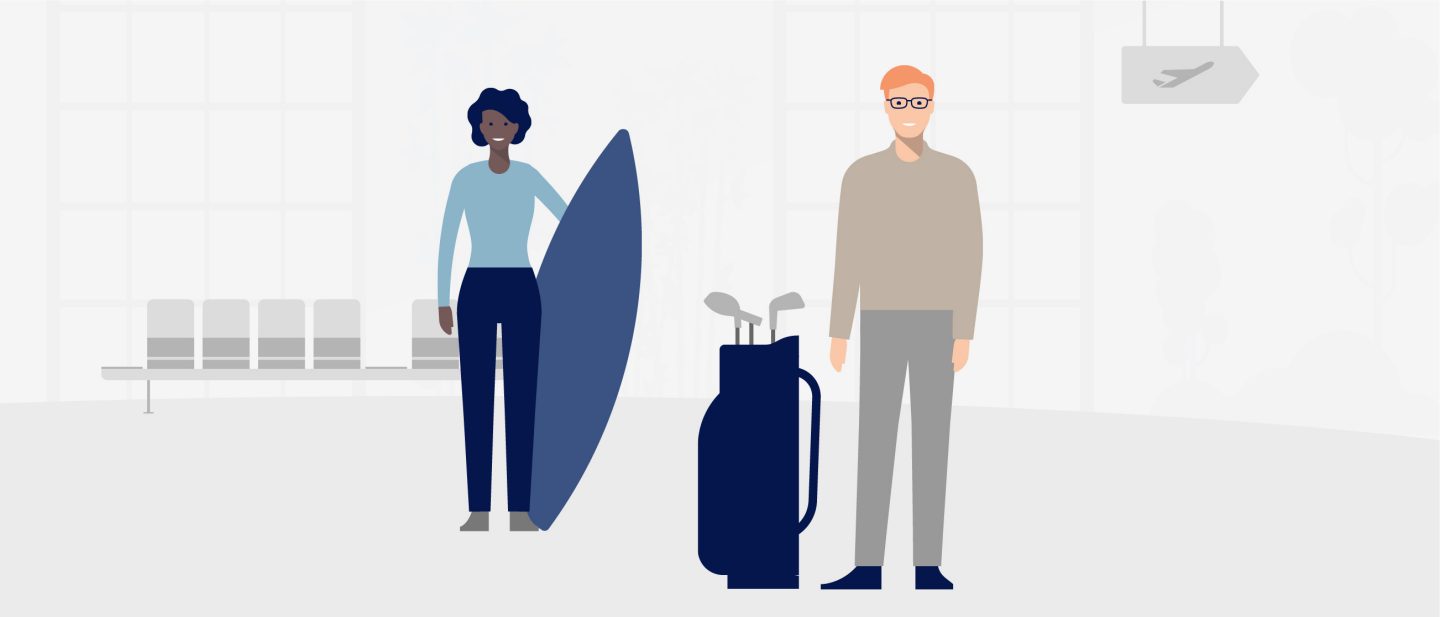 Illustration zeigt zwei Personen mit ihrem Sporgepäck am Flughafen // Illustration shows two people with their sport luggage at the airport