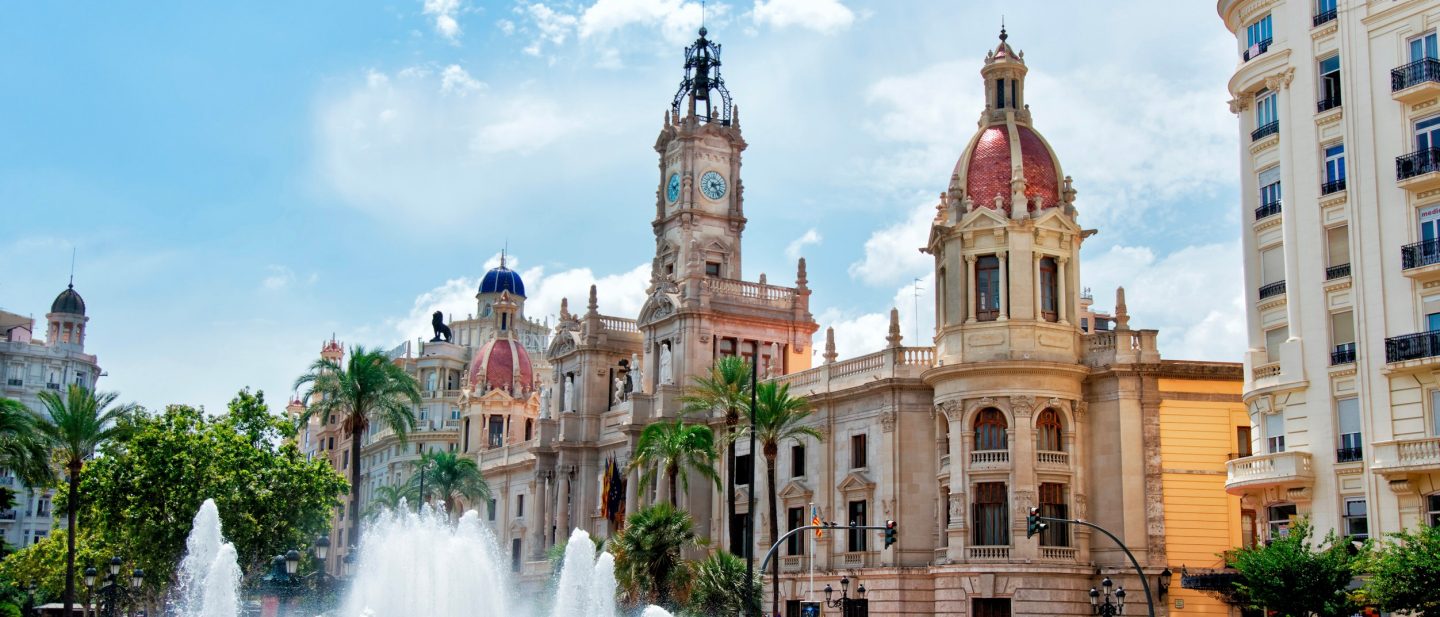 Town Hall and Square with fountain in Valencia, Spain