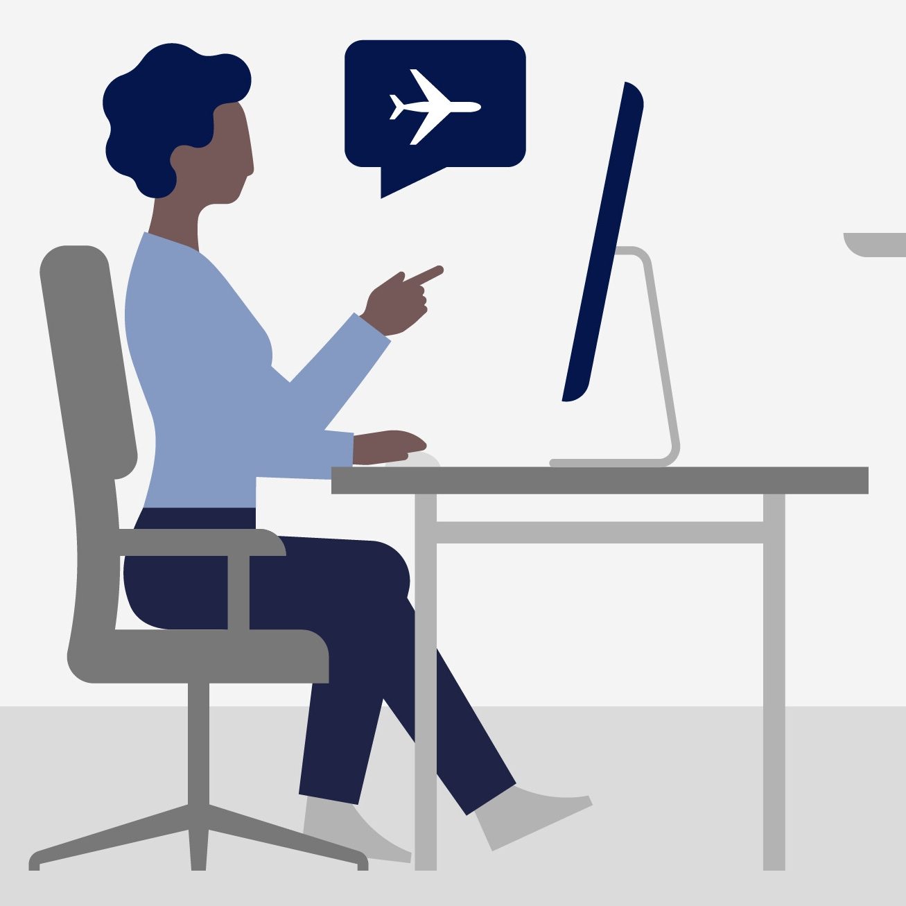 Illustration of a person sitting at a desk in front of a computer, booking a trip (airplane icon inside a speech bubble).