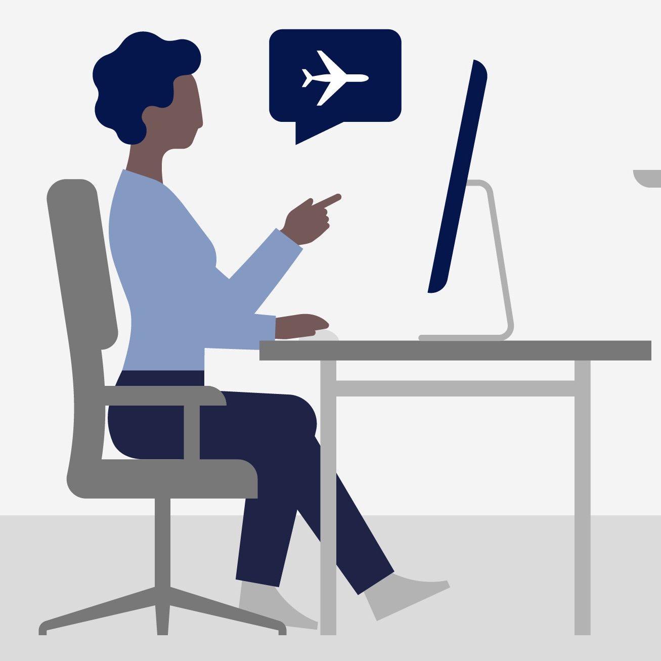 Illustration of a person at a desk using a computer with an airplane icon.