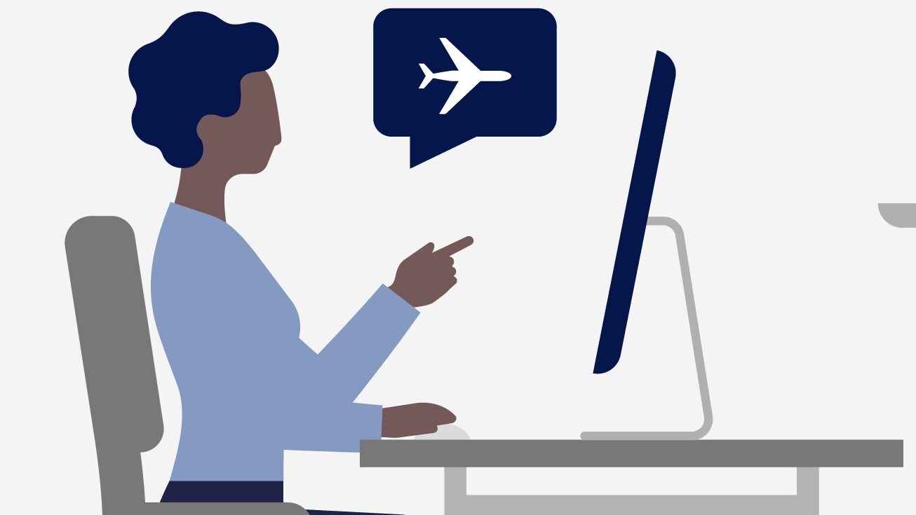 Illustration of a person at a desk using a computer with an airplane icon.