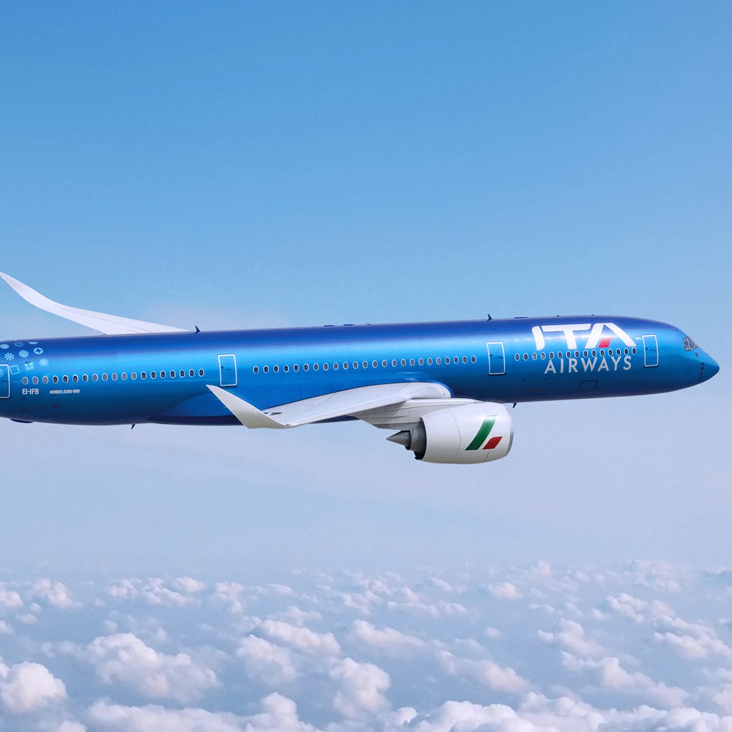 A bright blue ITA Airways airplane cruising high above a field of fluffy white clouds.