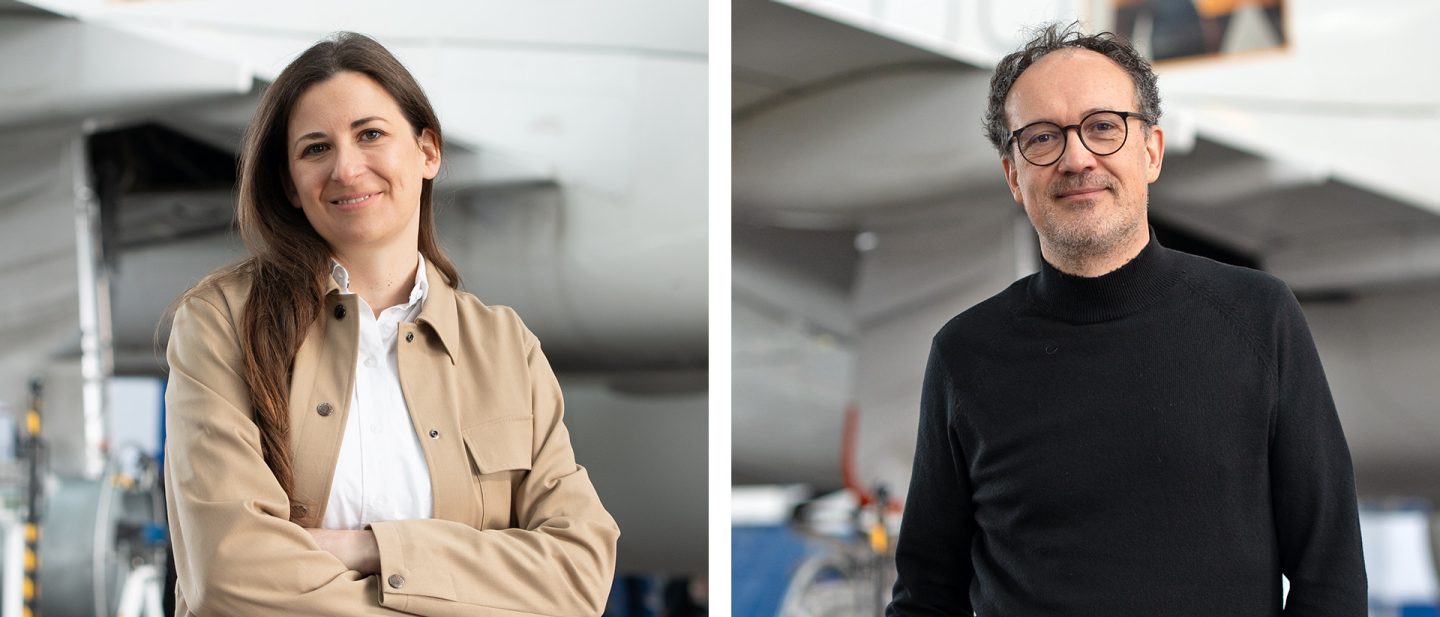 Two portraits: woman and man smiling in front of aircraft in a hangar.