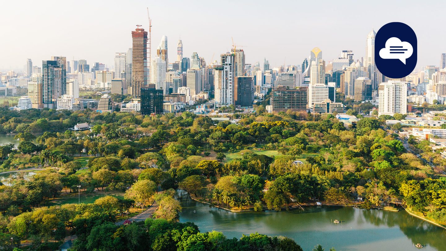 View of a bustling city skyline with modern skyscrapers overlooking a serene park with a lake.