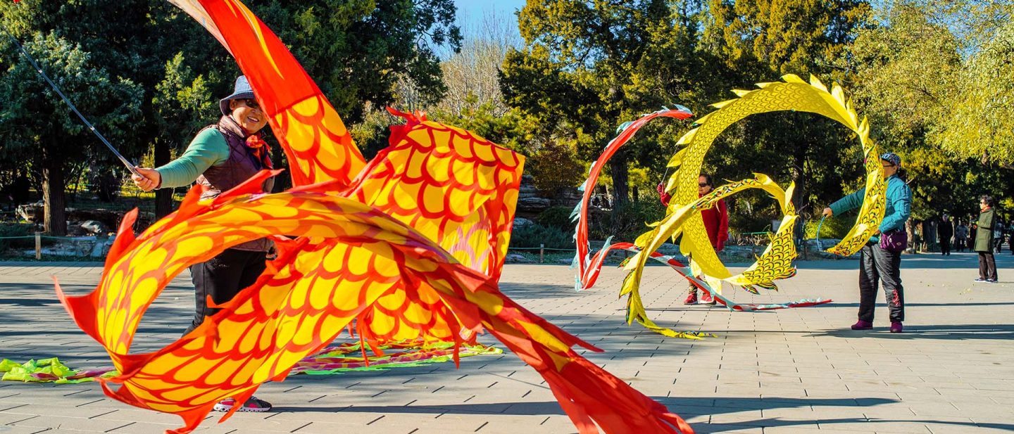 Several people in a park plaza wave long yellow and orange fish-shaped dragon streamers.