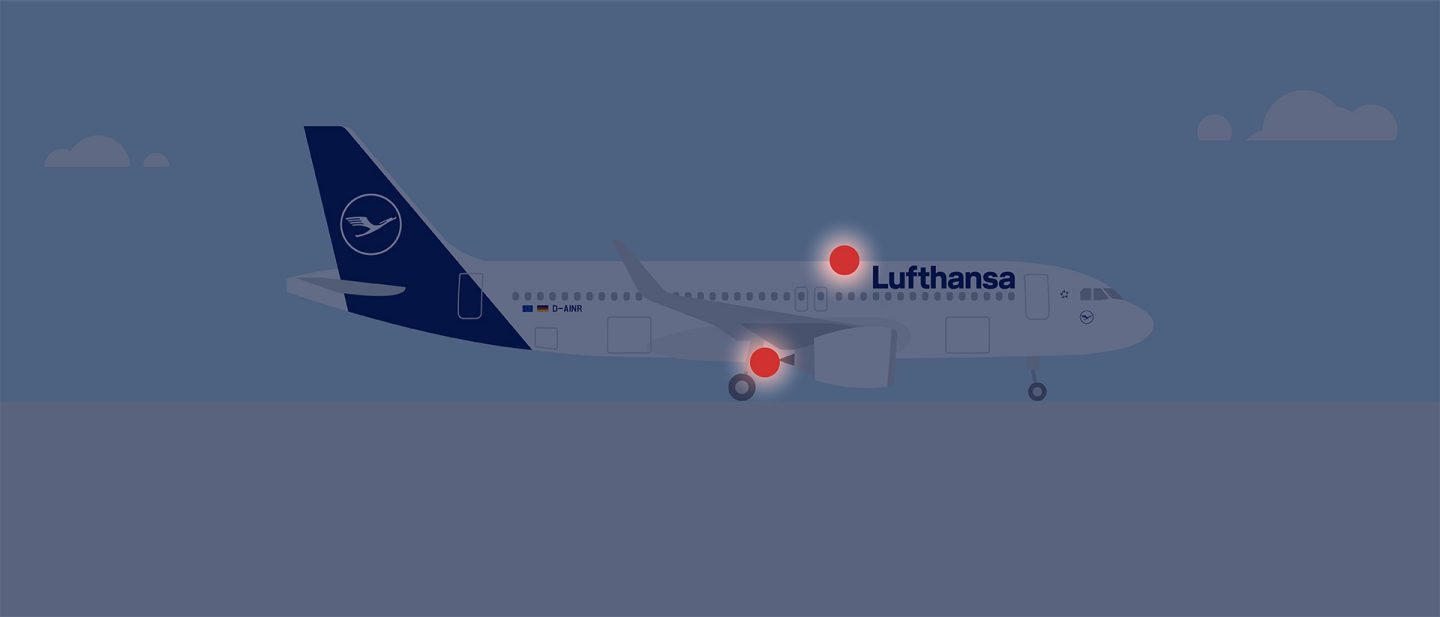 Illustration of a Lufthansa airplane with red anti-collision lights