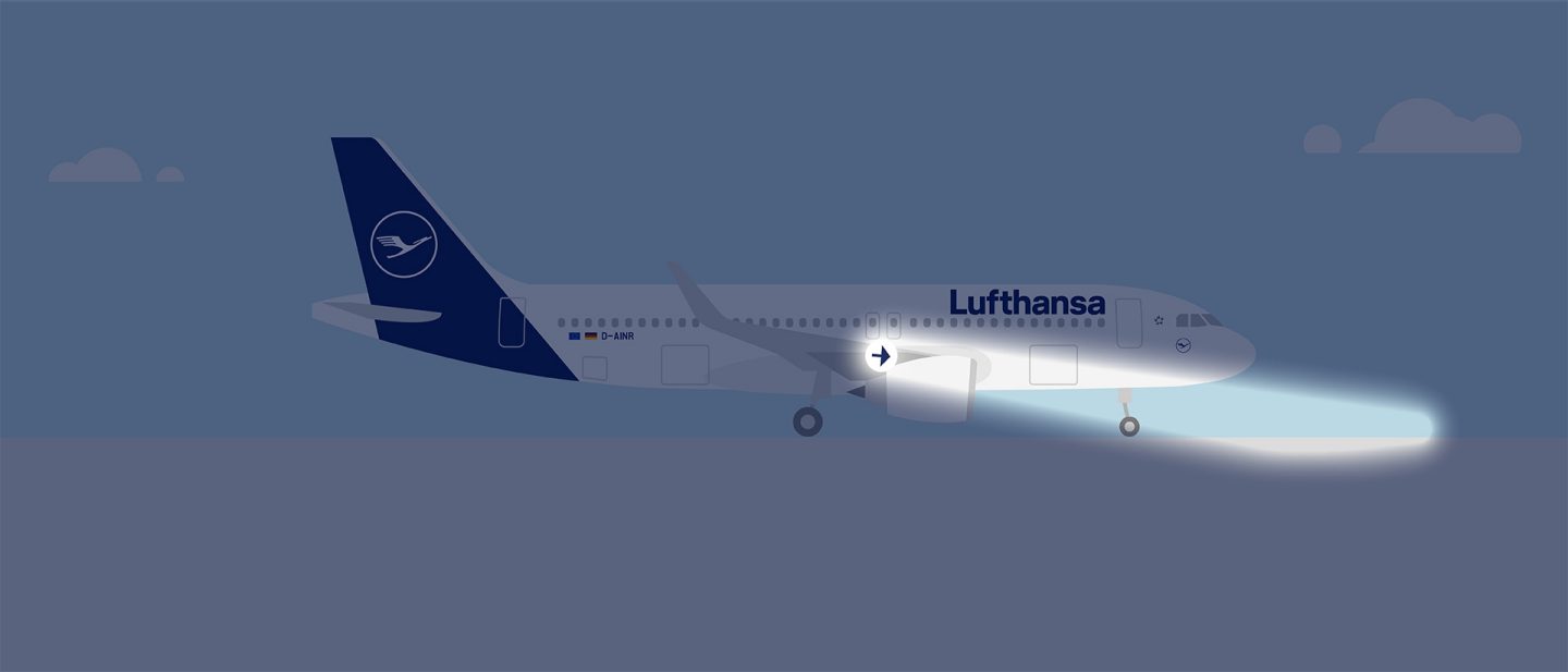 Illustration of a Lufthansa airplane from the side with illuminated landing lights