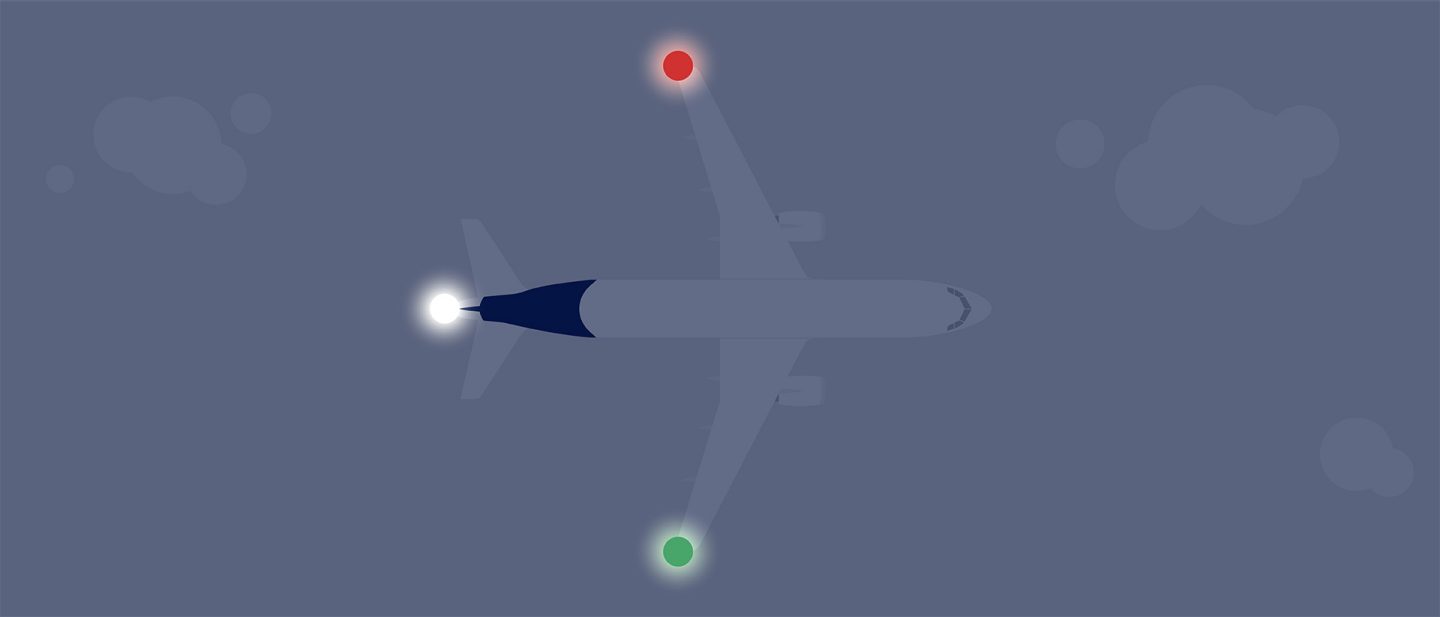 Illustration of an airplane with colored navigation lights on its wings