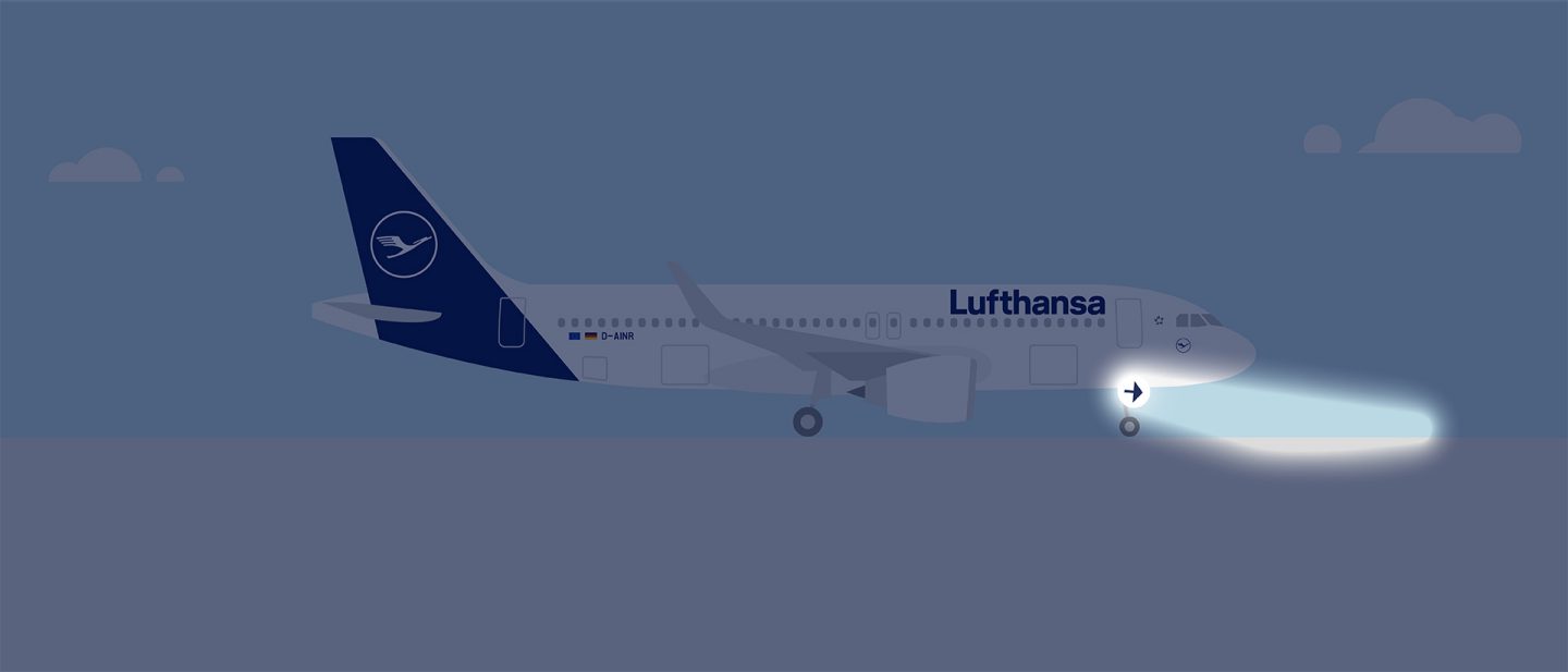 Illustration of a Lufthansa airplane with lit taxi lights on the nose landing gear