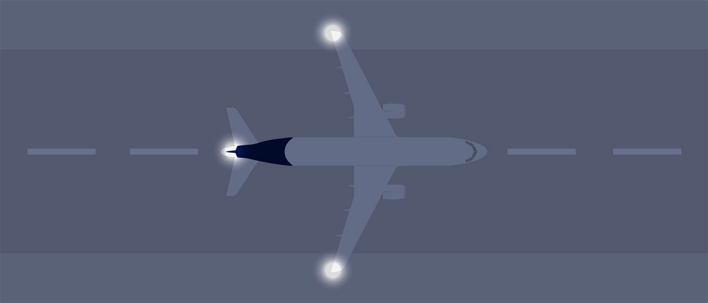 Illustration of an airplane from above with illuminated strobe lights on the wings