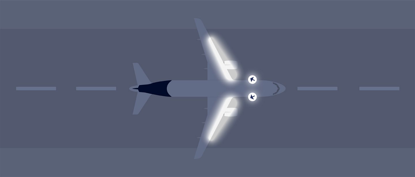 Illustration of an airplane from a top-down view with illuminated wing lights