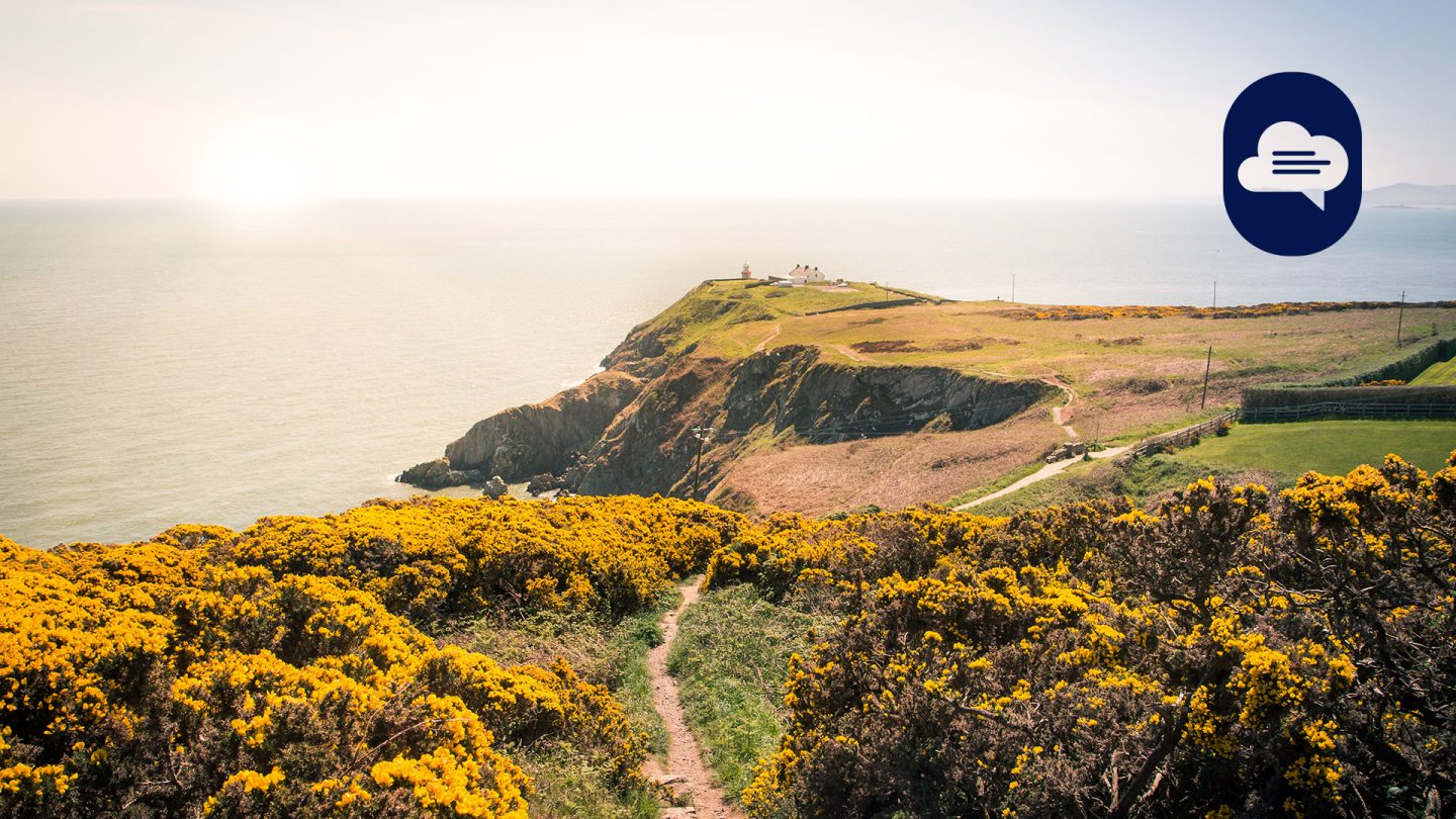 Wanderweg entlang der Klippen bei Sonnenuntergang in Howth, Irland