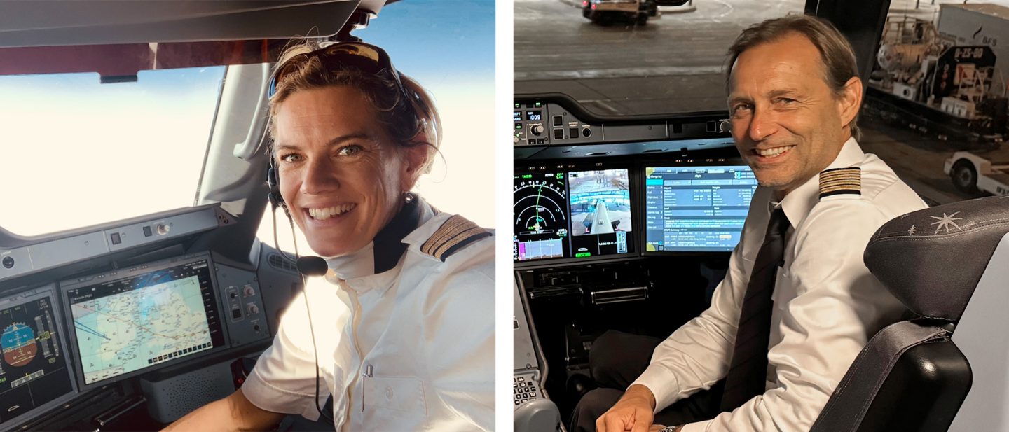 Left: Senior First Officer Claudia Hummel smiling in the cockpit; right: Captain Frederik Niedner smiling in the cockpit