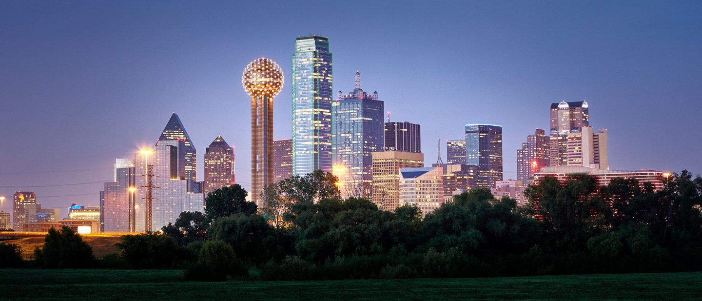 Illuminated skyline with a distinctive ball-topped tower at dusk behind trees